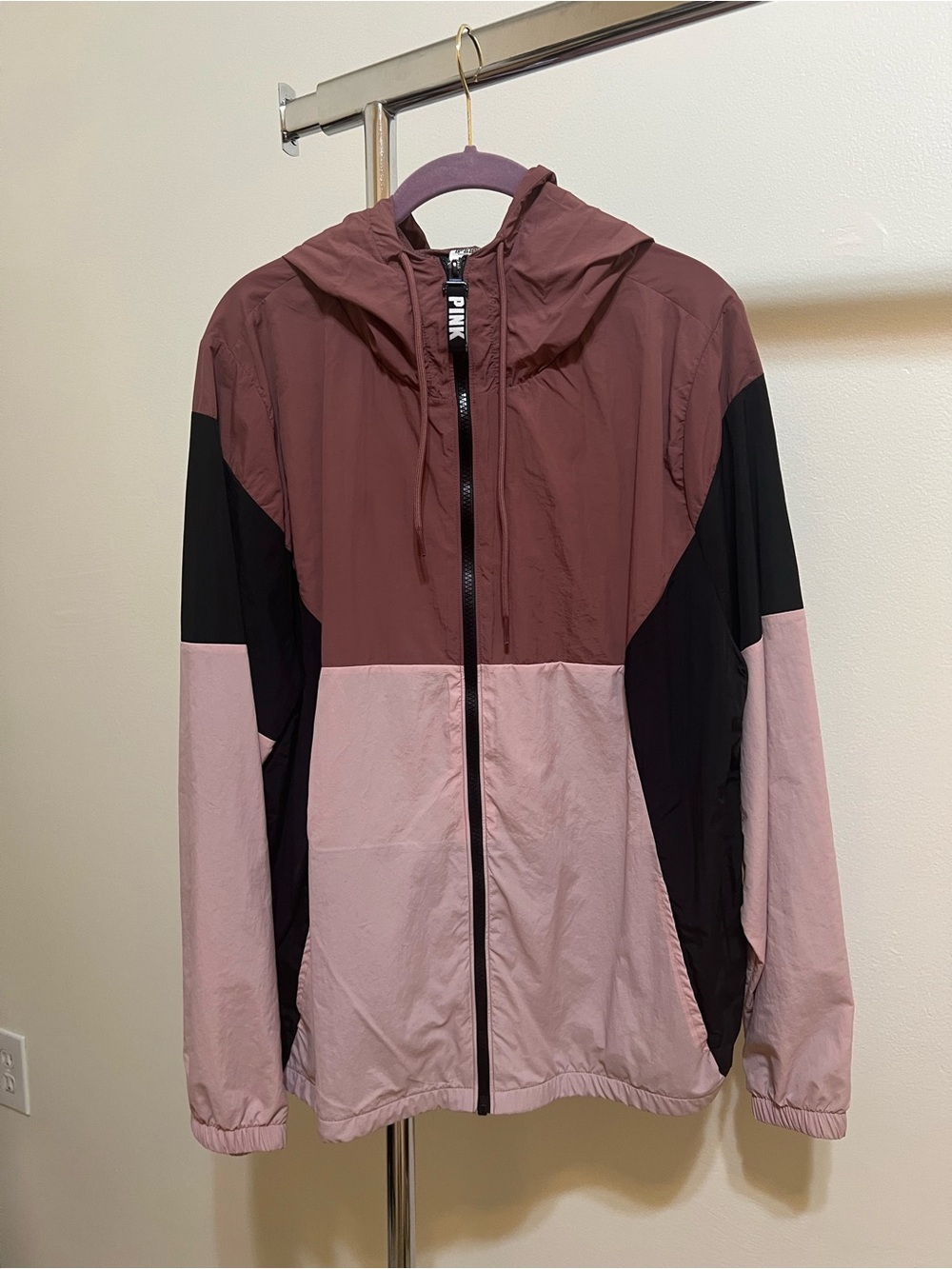 PINK Victoria's Secret Colorblock Hooded Windbreaker - Dusty Rose, Blush & Black